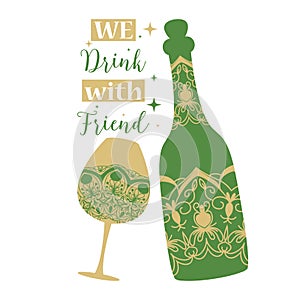 Golden green bottle and wine glass with angela cocktail. Vector
