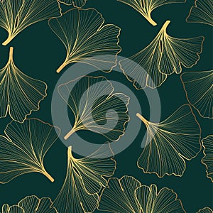 Golden Green Ginkgo leaves background. Luxury Floral art deco. Gold natural pattern design Bordo illustration.