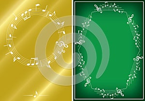 Golden and green musical backgrounds with white frames - vector