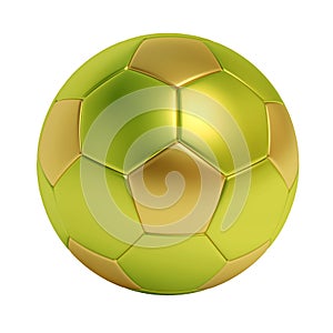 Golden and green soccer ball isolated on white background