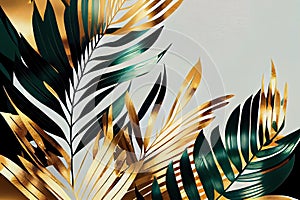 golden and green tropical leaves illustration. Generative AI