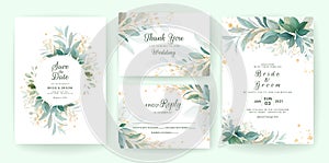 Golden greenery wedding invitation template set with leaves, glitter, frame, and border. Floral decoration vector for save the photo