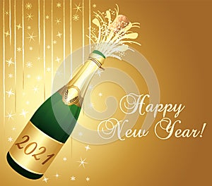 Golden greeting card 2021 Happy New Year with uncorked bottle of Champaign. Vector Illustration.