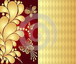 Golden greeting card with rhombuses and vintage swirls