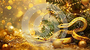 golden greeting Happy New year card with Christmas tree and snake, copy space