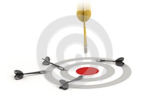 Golden and grey dart with dartboard. Golden dart in motion and hitting the center of target. Sales and marketing concept. 3d illus