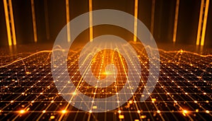 Golden Grid Network Abstract Digital Data Visualization