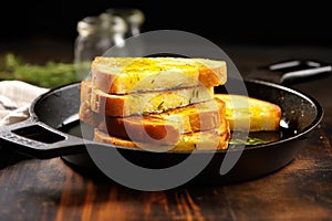 golden grilled sandwiches under a weighty brick on a skillet