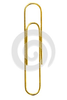 Golden grounge paper clip isolated on white background close up