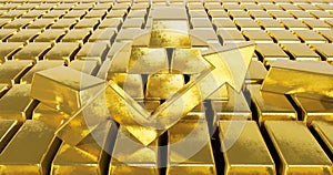Golden growth chart arrow with infinite rows of Gold bars. Success or getting rich concepts, 3d render