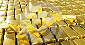 Golden growth chart arrow with infinite rows of Gold bars. Success or getting rich concepts, 3d render background