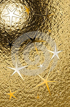 Golden grungy vertical background with pentagonal stars and metal shine