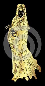 Golden Guanyin or Guan Yin vector for tattoo on black background.
