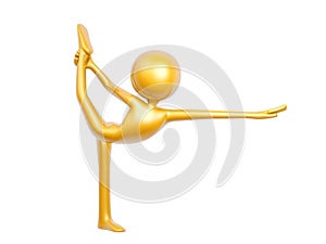 Golden guy doing yoga balance pose isolated on white