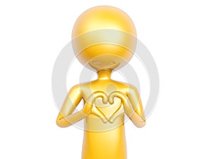 Golden guy make heart love symbol with hands isolated on white