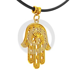 Golden Hamsa, Hand of Fatima Amulet Coulomb. 3d Rendering