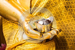 Golden hand buddha statue with money