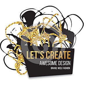 Golden hand-drawn design elements. Vector templates for posters, flyers, brand, brochure. Golden, black, white