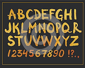 Golden Hand Drawn Font. Hand Written Glitter Modern Alphabet and Numbers. Vector Design Symbols.