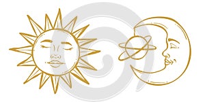 Golden hand drawn sun and moon illustration, magical vector clip art set