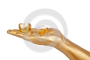Golden hand holding eggshell on a white background