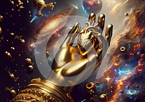 Golden hand holds golden heart, concept