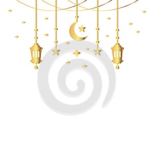 golden hanging Arabic traditional Ramadan Kareem lantern. Eid Fitr or Adha Mubarak lamp Greeting gold color crescent moon and