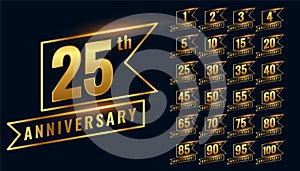 Golden happy anniversary premium labels logotype set