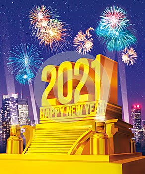Golden Happy New Year 2021 on a platform against city skyline with fireworks celebration