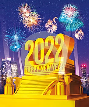 Golden Happy New Year 2022 on a platform against city skyline with fireworks celebration