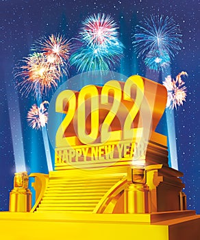 Golden Happy New Year 2022 on a platform against starry night and fireworks celebration