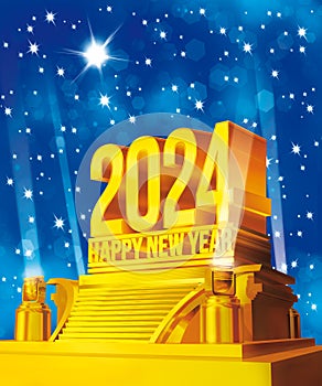 Golden Happy New Year 2024 on a platform against starry night background