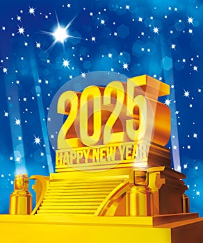 Golden Happy New Year 2025 on a platform against starry night background