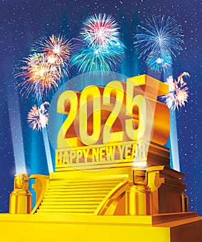 Golden Happy New Year 2025 on a platform against starry night and fireworks celebration