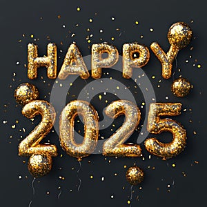 Golden Happy New Year 2025 Balloons with Confetti. Generative ai photo