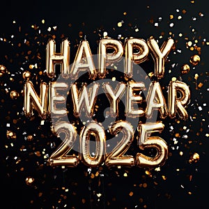 Golden Happy New Year 2025 Balloons with Confetti. Generative ai photo