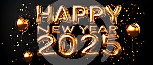 Golden Happy New Year 2025 Balloons with Confetti. Generative ai photo