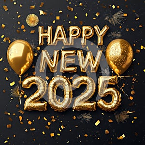 Golden Happy New Year 2025 Balloons with Confetti. Generative ai photo