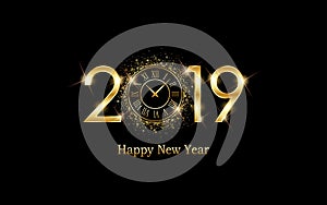 Golden happy new year 2019 and clock face with burst glitter on black color background