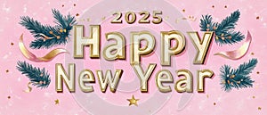 Golden Happy New Year 2025 with Festive Pine Branches. Generative ai photo