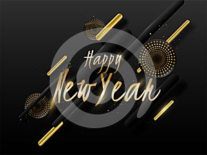 Golden Happy New Year Text with Woofer`s and Abstract Elements Decorated