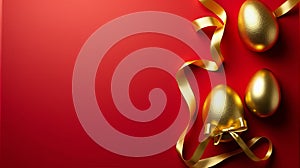 Golden Harvest: Easter Eggs and Bow on Ruby Red Surface (Generated using AI)