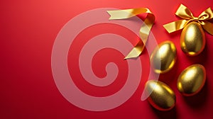 Golden Harvest: Easter Eggs and Bow on Ruby Red Surface (Generated using AI)