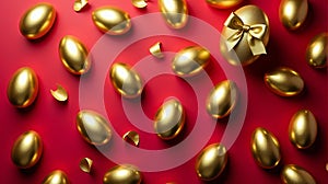 Golden Harvest: Easter Eggs and Bow on Ruby Red Surface (Generated using AI)