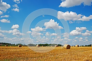 Golden hay bales against a picturesque cloudy sky