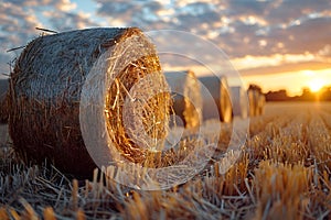 Golden Hay Bales in a Field at Sunset: A Rustic Agricultural Scene Generative AI