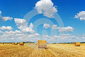 Golden hay bales with a picturesque cloudy sky