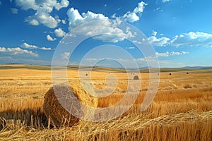 Golden Hay Bales on a Vast Wheat Field Under a Clear Blue Sky