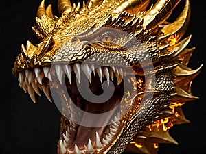 The golden head of a fearsome dragon. Golden dragon with teeth and open mouth, generated AI