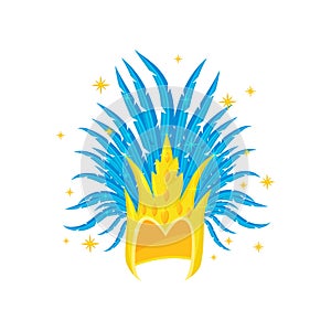 Golden headdress with blue feathers. Element of festive costume. Accessory of Brailian samba dancer. Flat vector icon